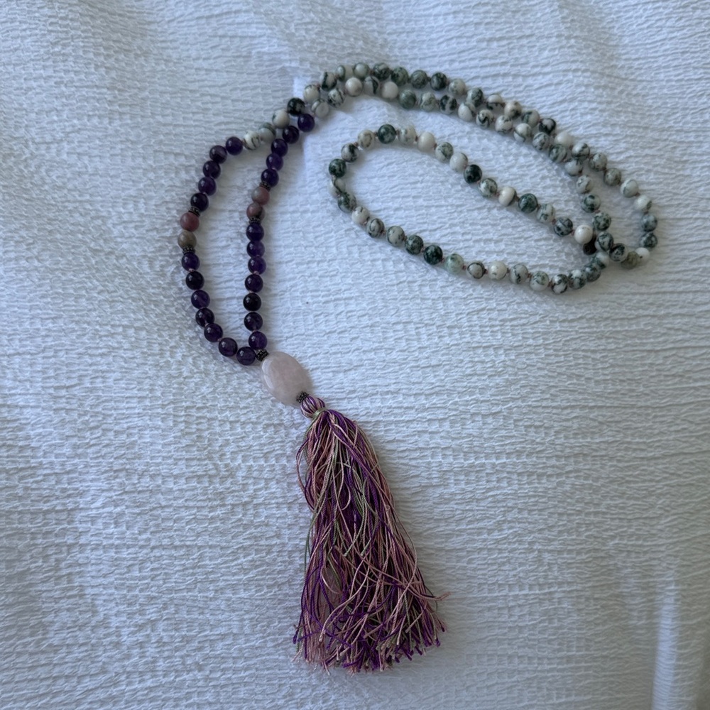 Purple and Cream Beaded Necklace with Tassel